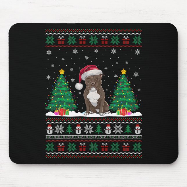 Mousepad Santa Hat Pitbull Cão Árvore de Natal Luzes Feias (Frente)