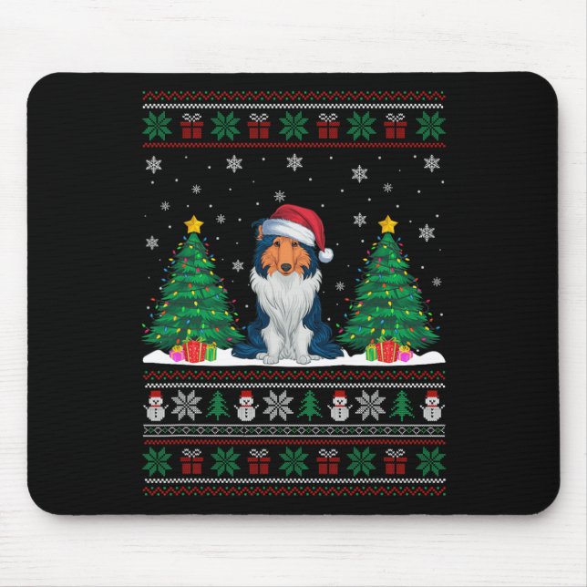 Mousepad Santa Hat Rough Collie Dog Xmas Tree Luzes Feias (Frente)