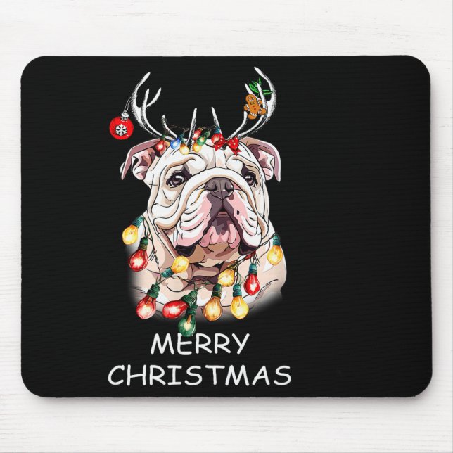 Mousepad Santa Reindeer English Bulldog Dog Christmas Light (Frente)