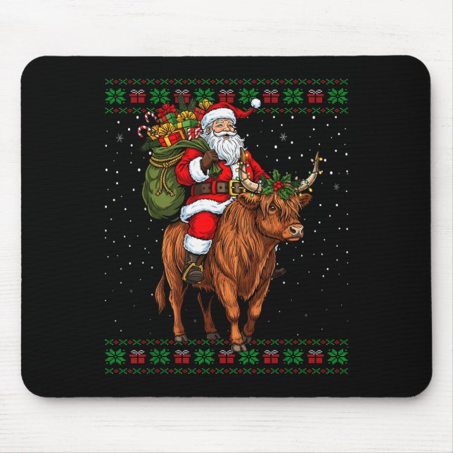 Mousepad Santa Riding Highland Cow Ugly Christmas Sweater  (Frente)