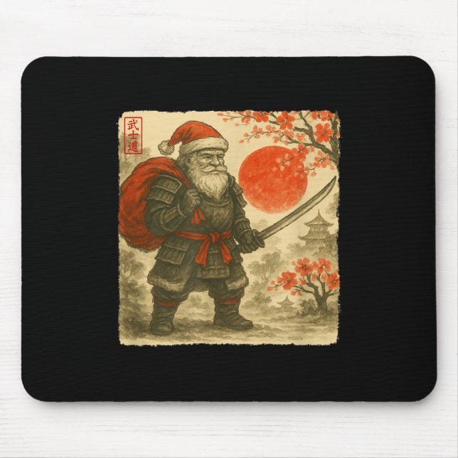 Mousepad Santa Samurai Japanese Warrior Costume Sumi-e Art  (Frente)