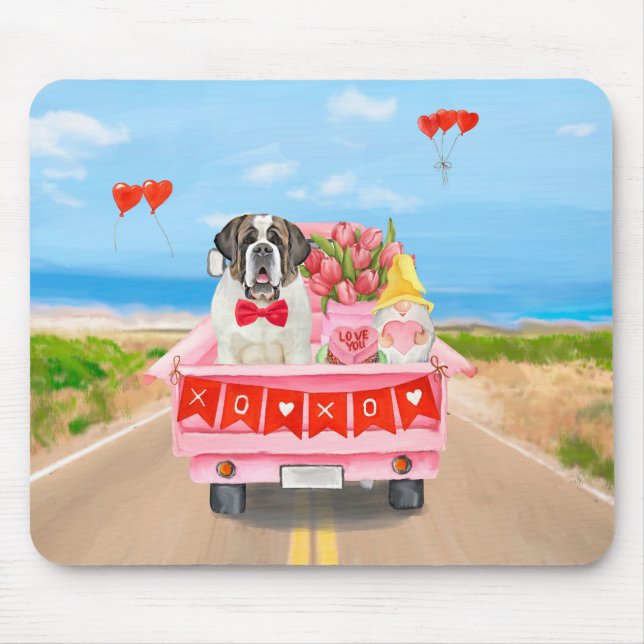 Mousepad Santo Bernard Dog Dia de os namorados Truck Hearts (Frente)