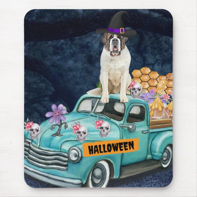 Mousepad Santo Bernard Dog Halloween Truck Noite Assustador (Frente)
