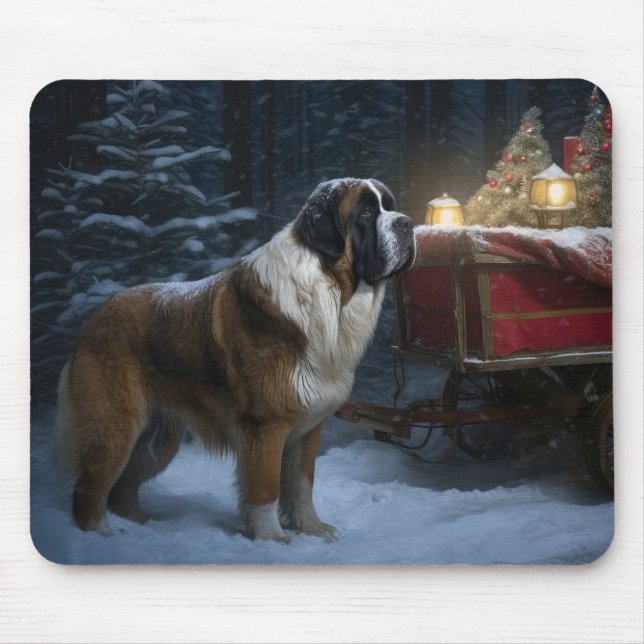 Mousepad Santo Bernard Snowy Sleigh Decoração de Natal (Frente)