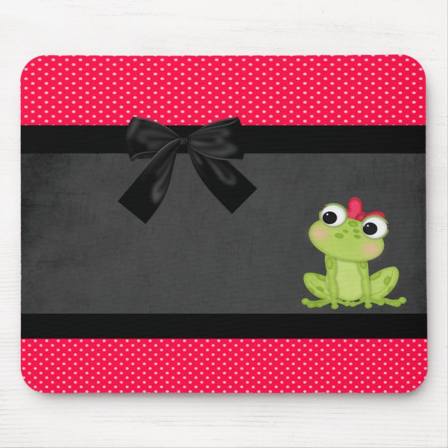 Mousepad Sapo Feminino Fofo em Bolinhas Vermelhas - Laço Pr (Frente)