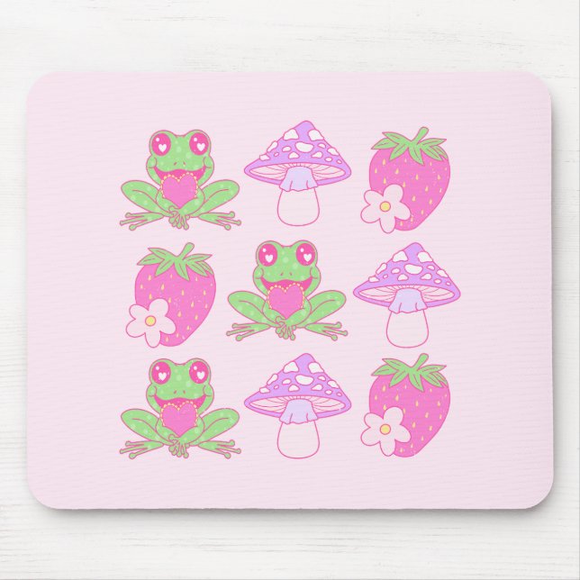 Mousepad Sapo Kawaii, Cogumelo e Morango (Frente)