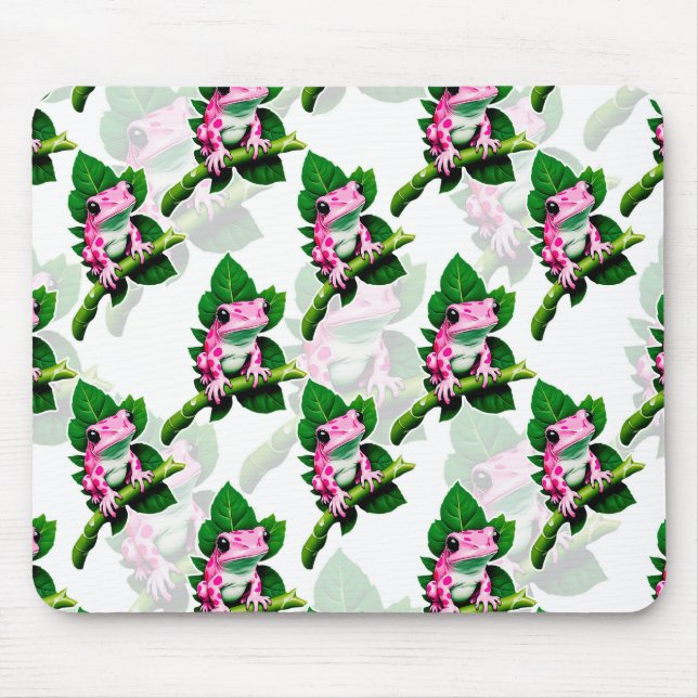Mousepad Sapo Rosa No Padrão De Folha Verde Design (Frente)