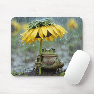 Mousepad Sapo sob um guarda-chuva de girassol na chuva