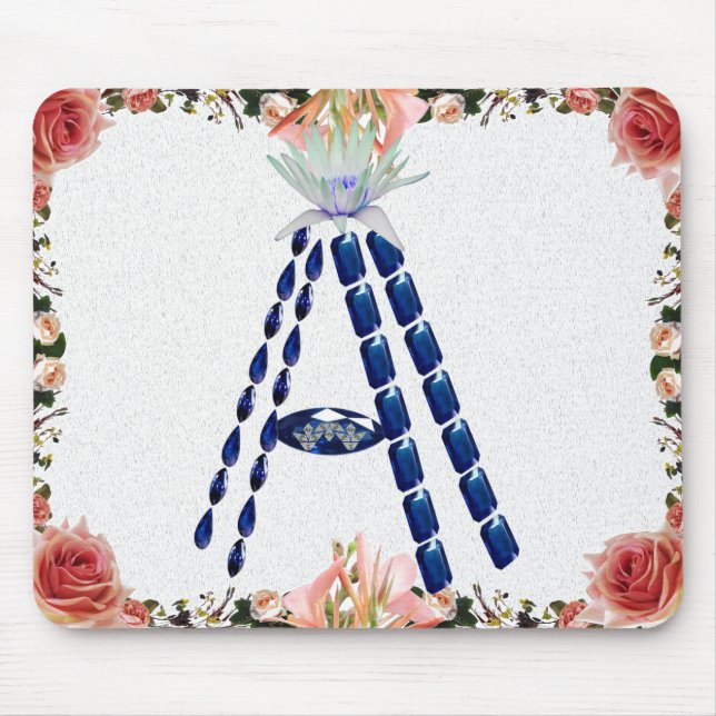 Mousepad Sapphire Gemstone Botanical Blue - Letra inicial A (Frente)