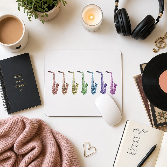 Mousepad Saxofone Alto Jazz Instrumento Arco-íris (A mousepad with a fun lineup of rainbow alto saxophones.)