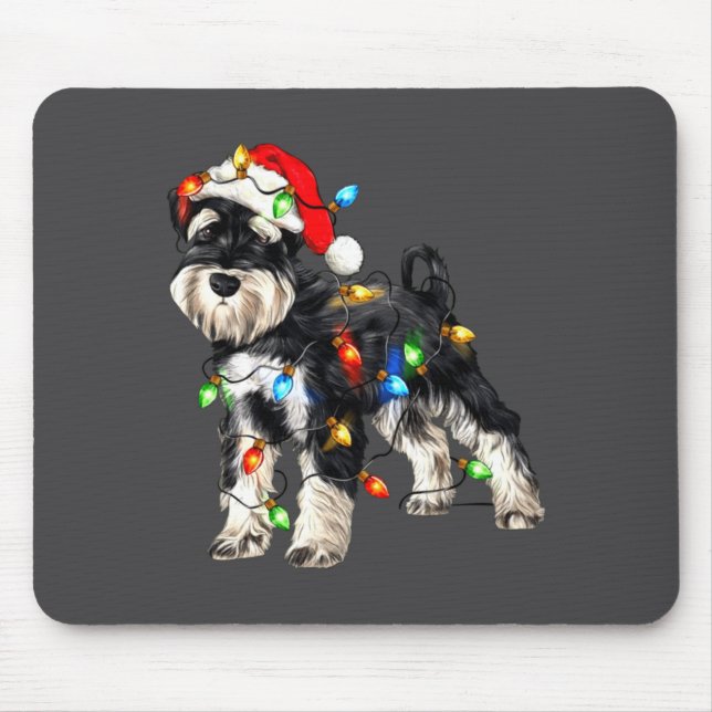 Mousepad Schnauzer Christmas Dog Christmas Lights Santa Hat (Frente)