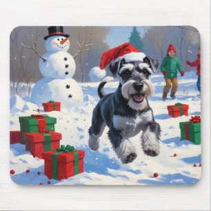 Mousepad Schnauzer Correndo na Neve com Chapéu de Natal