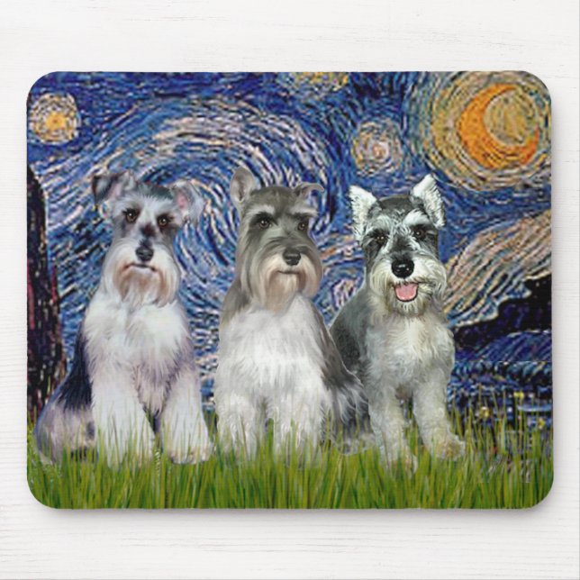 Mousepad Schnauzers (três) - Noite Estrelada (Frente)