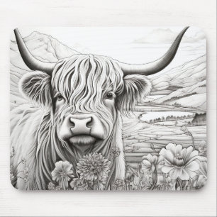 Mousepad Scottish Highland Cow Peaceful Nature Prairie Art