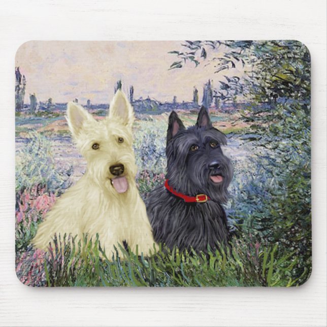 Mousepad Scottish Terriers (dois-BW) - By the Seine (Frente)