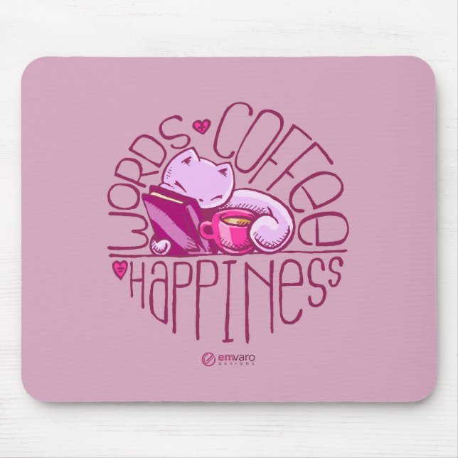 Mousepad Scribbles: Palavras. Café. Felicidade. (rosa) (Frente)