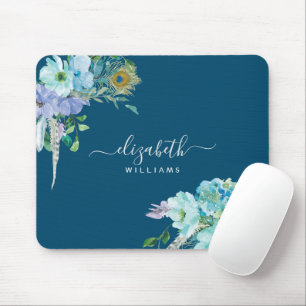 Mousepad Script Botânico de Folhagem de Casa Azul de Marinh