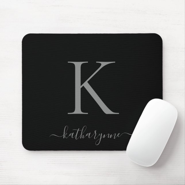 Mousepad Script de Monograma de Prata Elegante Moderno Pret (Com mouse)