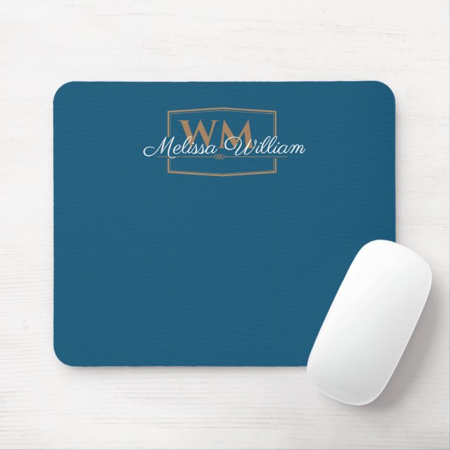 Mousepad Script de Nome do Monograma Dourado Branco Azul (Com mouse)