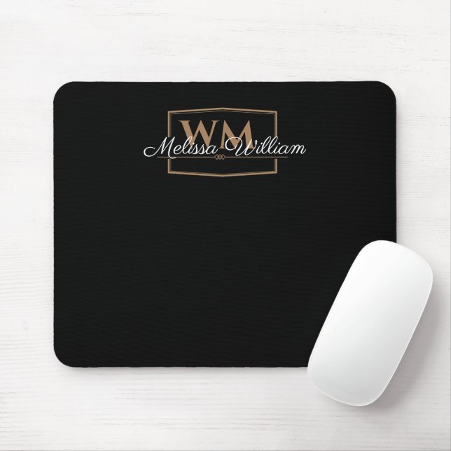 Mousepad Script de Nome do Monograma Dourado Branco Preto (Com mouse)