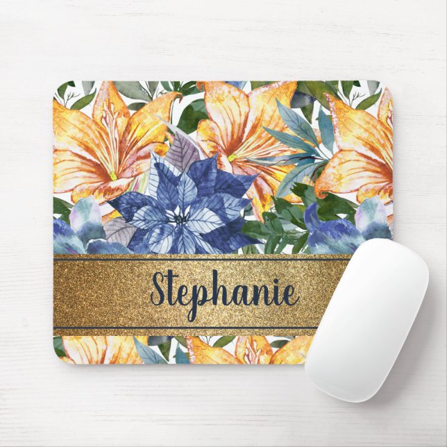 Mousepad Script de Nome Dourado Floral Laranja Azul-marinho (Com mouse)