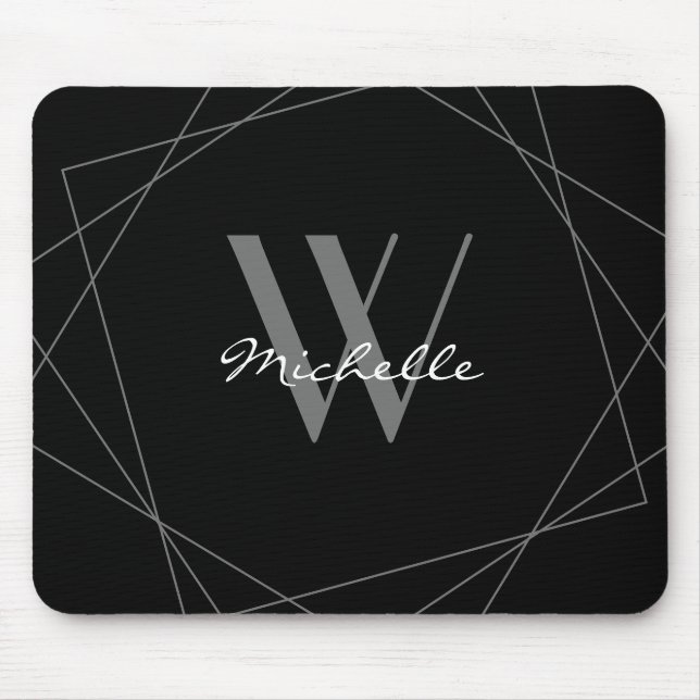 Mousepad Script de Nome Geométrico da Cinza Negra Elegante (Frente)