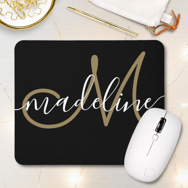 Mousepad Script Elegante preto monograma Dourado (Criador carregado)