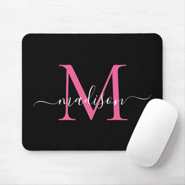 Mousepad Script Girly Elegante de Monograma Rosa Preto Mode (Com mouse)