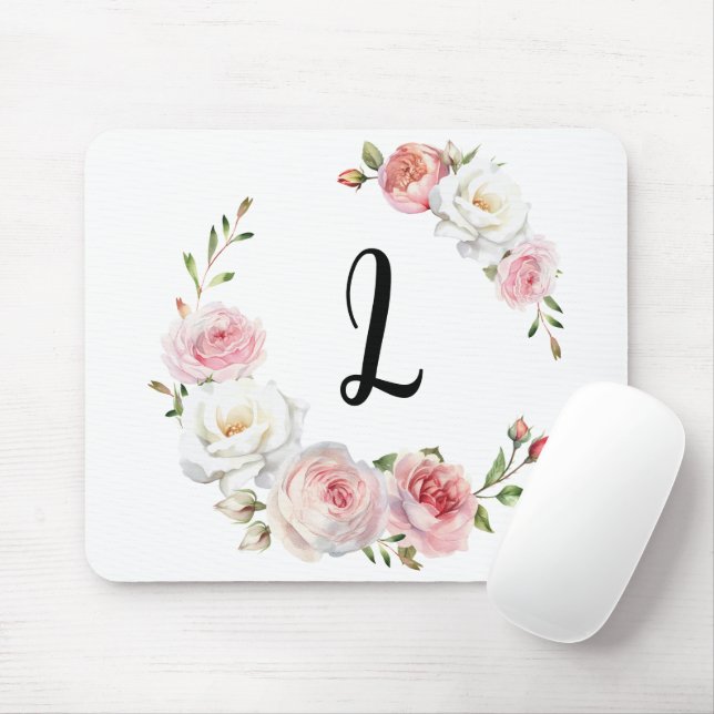 Mousepad Script inicial de rosa-chic e rosas brancas (Com mouse)