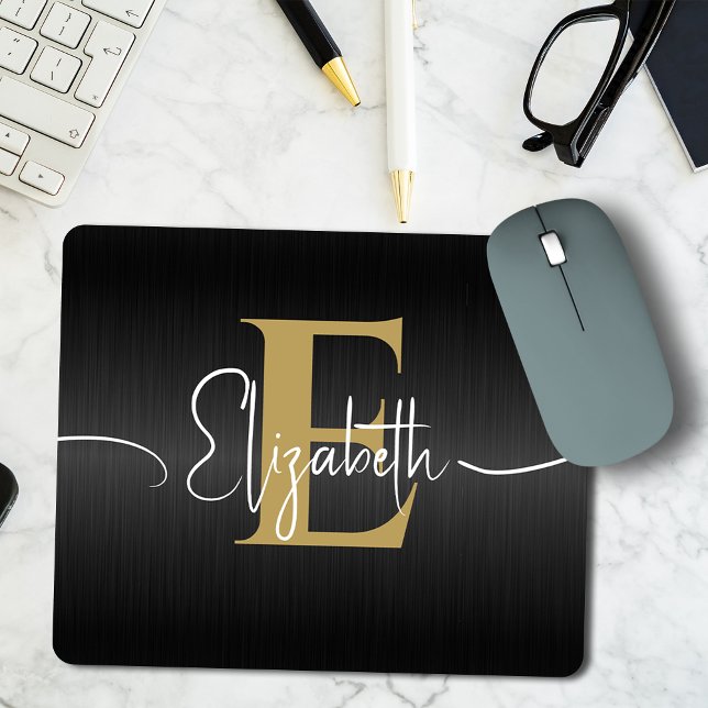 Mousepad Script Menino Dourado Moderno Monograma Girly Eleg (Criador carregado)