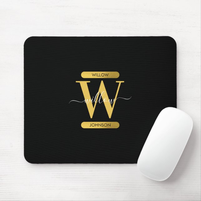 Mousepad Script Moderno do Monograma Dourado e Preto Elegan (Com mouse)