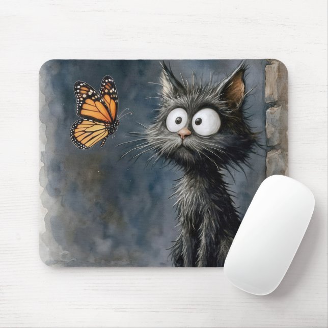 Mousepad Scruffy Cat Staring at a Butterfly (Com mouse)