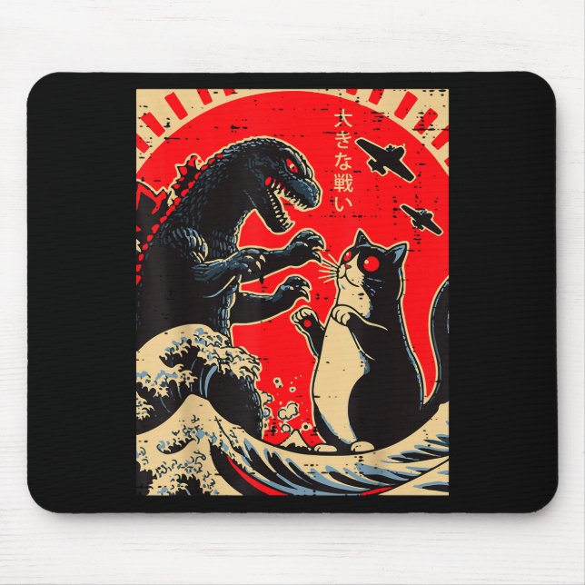 Mousepad Sea Monster And Cat Fighting Waves Japanese Men Wo (Frente)
