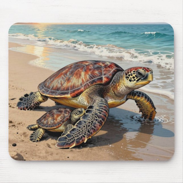 Mousepad Sea Turtle and Baby on Beach Illustration (Frente)