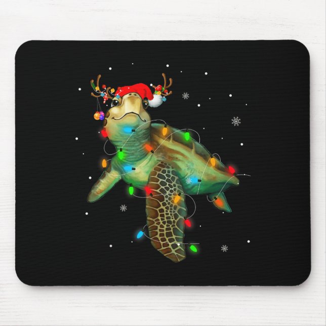 Mousepad Sea Turtle Christmas Lights Funny Santa Hat Merry  (Frente)