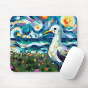 Mousepad Seagull Van Gogh Style Beach Sky Blue Teal