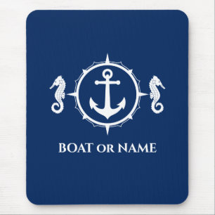 Mousepad Seahorse Nautical Anchor Your Boat or Name Navy