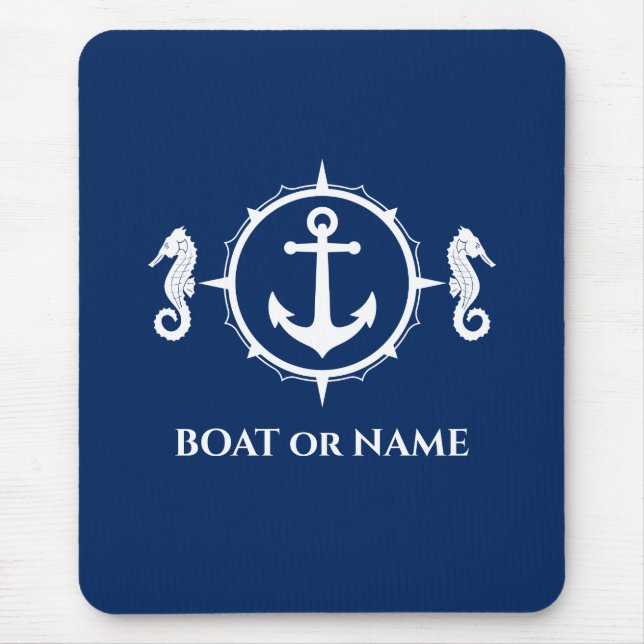 Mousepad Seahorse Nautical Anchor Your Boat or Name Navy (Frente)