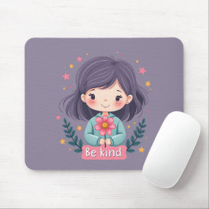 Mousepad Seja Gentil Menina Fofa com Flor Arte Positiva