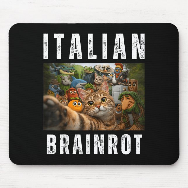 Mousepad Selfie de gato com meme engraçado de brainrot ital (Frente)
