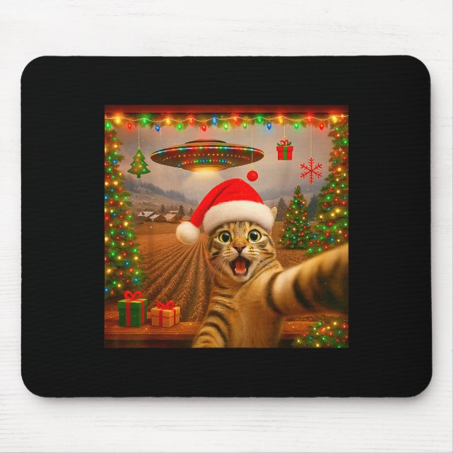 Mousepad Selfie de gato engraçado com luzes de Natal de OVN (Frente)