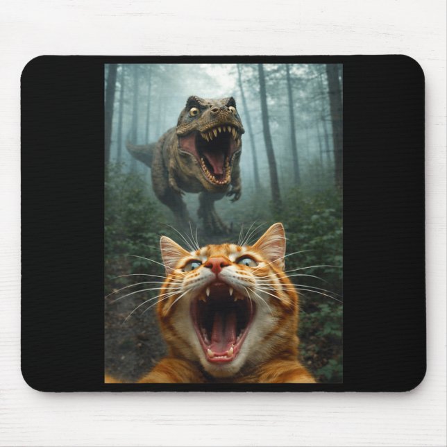 Mousepad Selfie de Gato Laranja com T-Rex Dinossauro Homens (Frente)