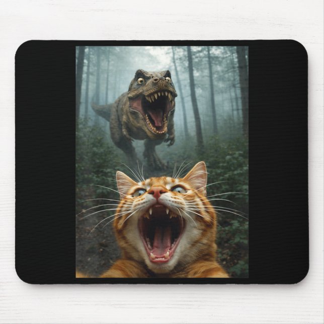Mousepad Selfie de Gato Laranja com T-Rex Dinossauro Homens (Frente)