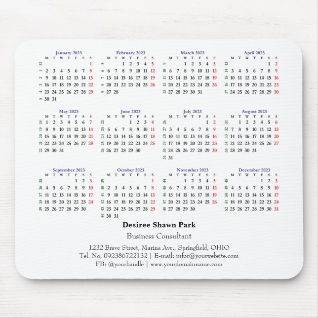 Mousepad Semana ISO 2023 Mini Calendário Segunda-feira (Frente)
