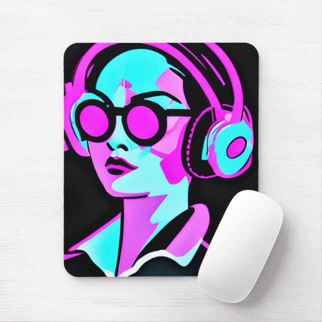 Mousepad Senhora Psicodélica Rosa e Teal em Fones de ouvido (Com mouse)