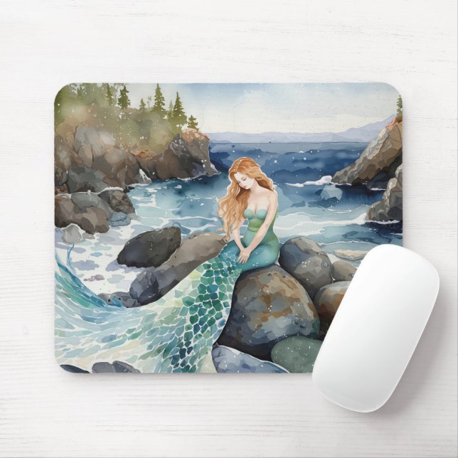 Mousepad Sereia Aquarela Em Rochas Oceânicas (Com mouse)