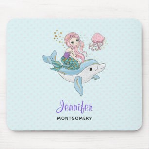 Mousepad Sereia Fofa Andando por um golfinho sob o mar