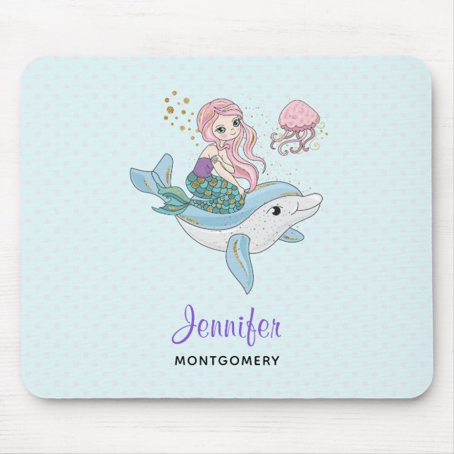 Mousepad Sereia Fofa Andando um Golfinho Sob o Mar (Frente)