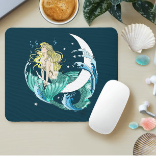 Mousepad Sereia Loira Lua Crescente Arte Deco Fantasia