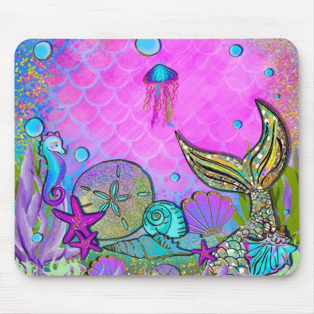 Mousepad Sereias & Conchas Marinhas Sob o Mar Brilho Cor-de (Frente)